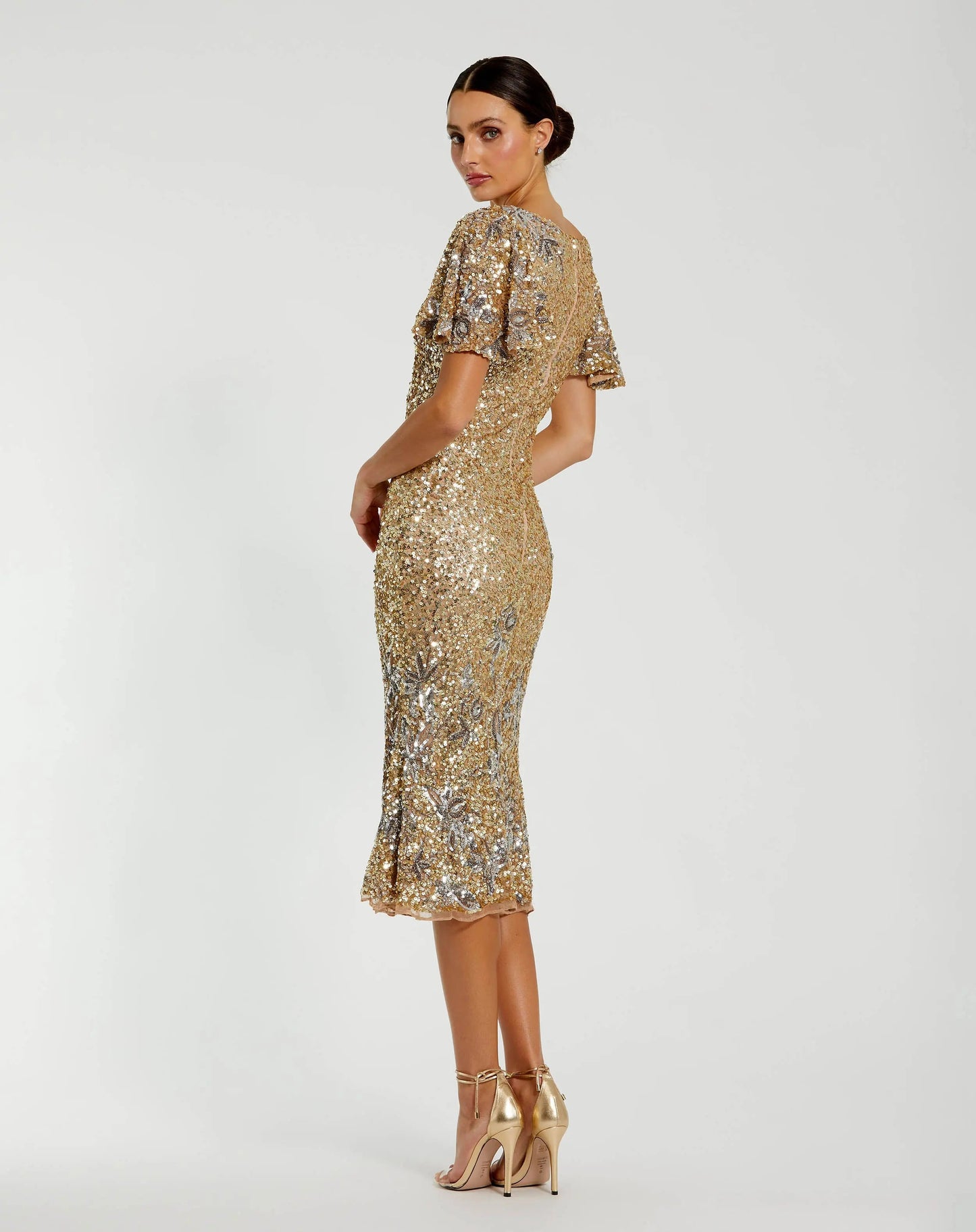 Gold Flutter Sleeve Floral Embellished Sequin Midi Dress