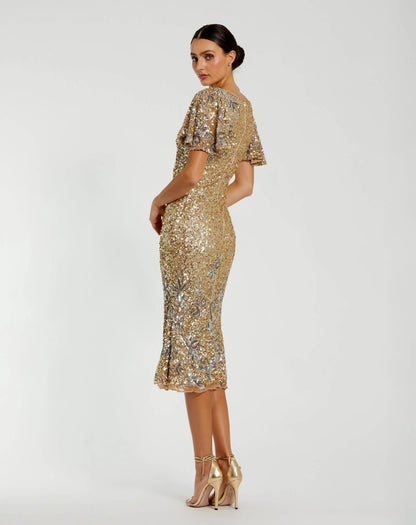 Gold Flutter Sleeve Floral Embellished Sequin Midi Dress