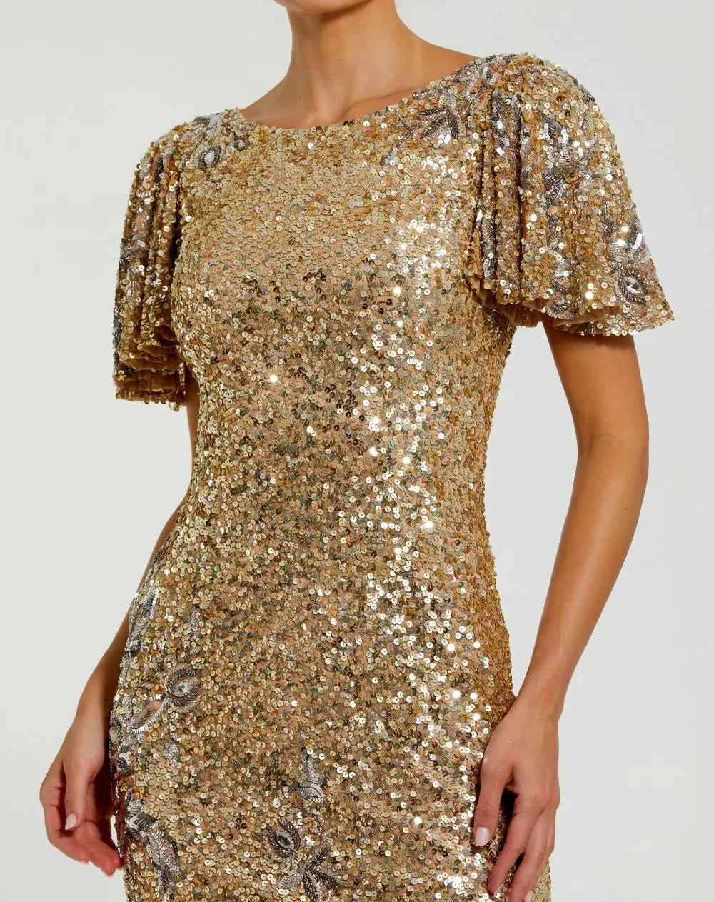 Gold Flutter Sleeve Floral Embellished Sequin Midi Dress