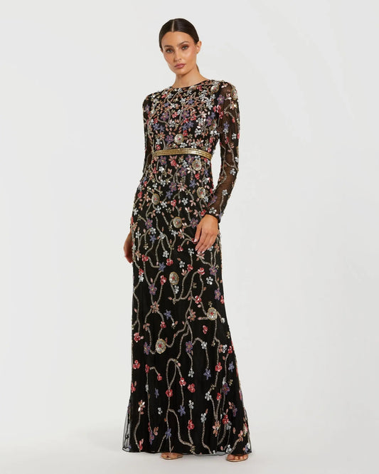 Black Embellished Mesh Long Sleeve Gown
