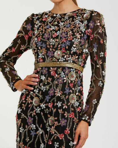 Black Embellished Mesh Long Sleeve Gown