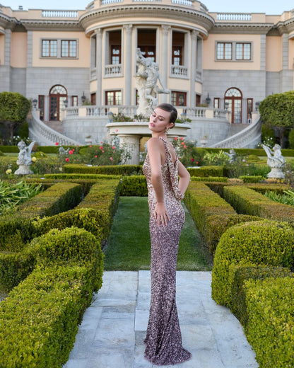 Gold Brown Ombre Sequin Cowl Back Gown