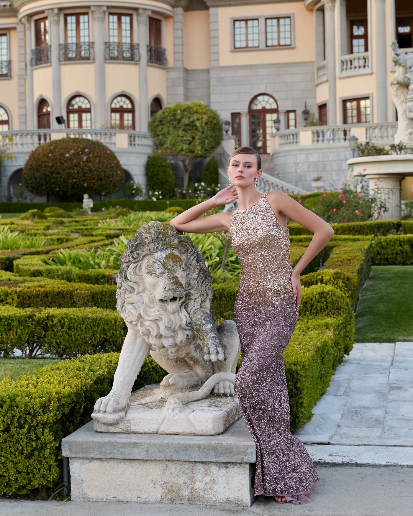 Gold Brown Ombre Sequin Cowl Back Gown