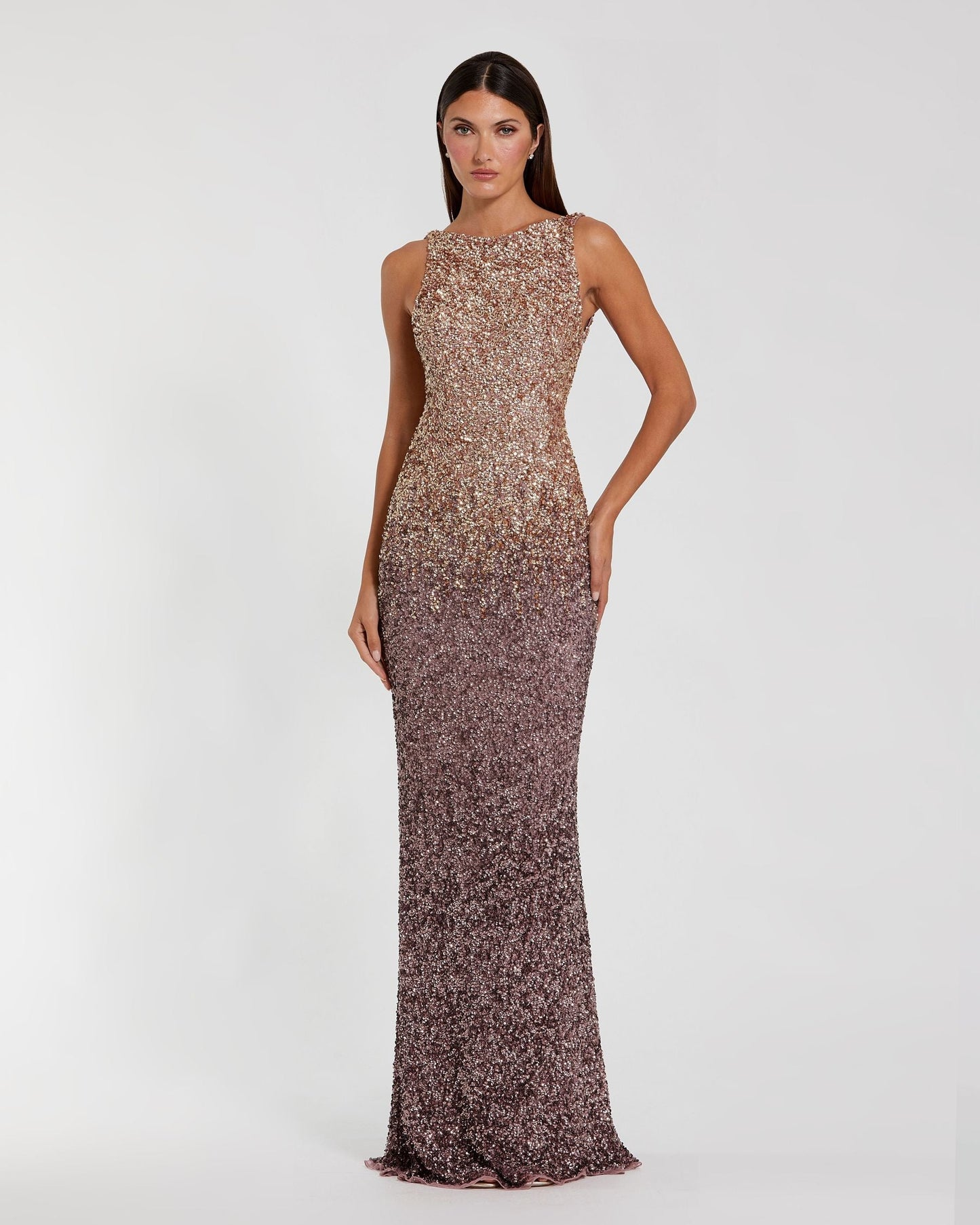 Gold Brown Ombre Sequin Cowl Back Gown