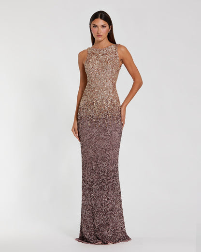 Gold Brown Ombre Sequin Cowl Back Gown