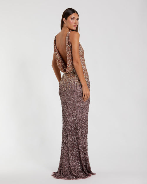 Gold Brown Ombre Sequin Cowl Back Gown