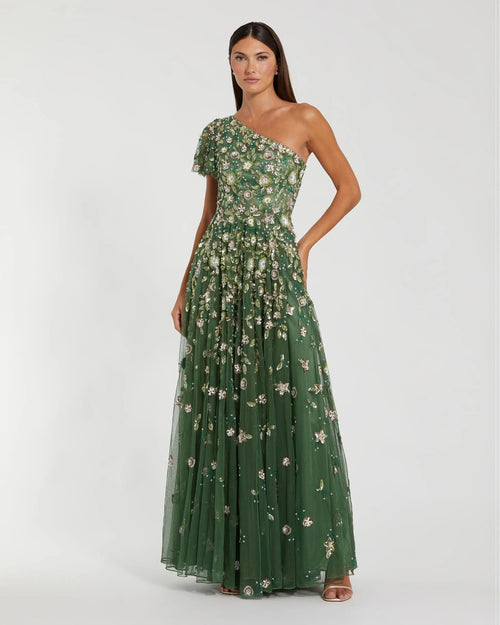 Green One Shoulder Embellished A Line Gown