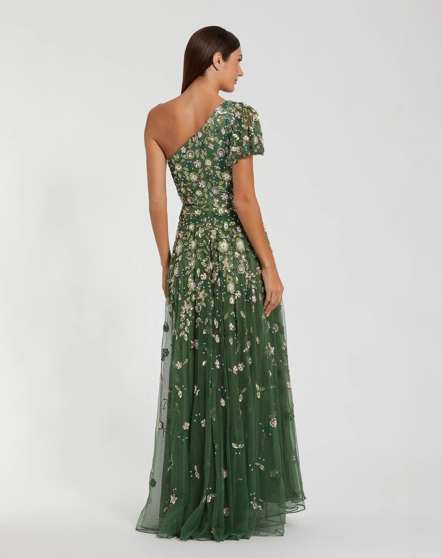Green One Shoulder Embellished A Line Gown