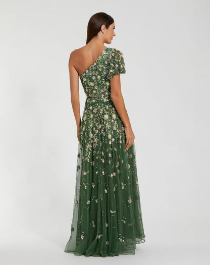 Green One Shoulder Embellished A Line Gown