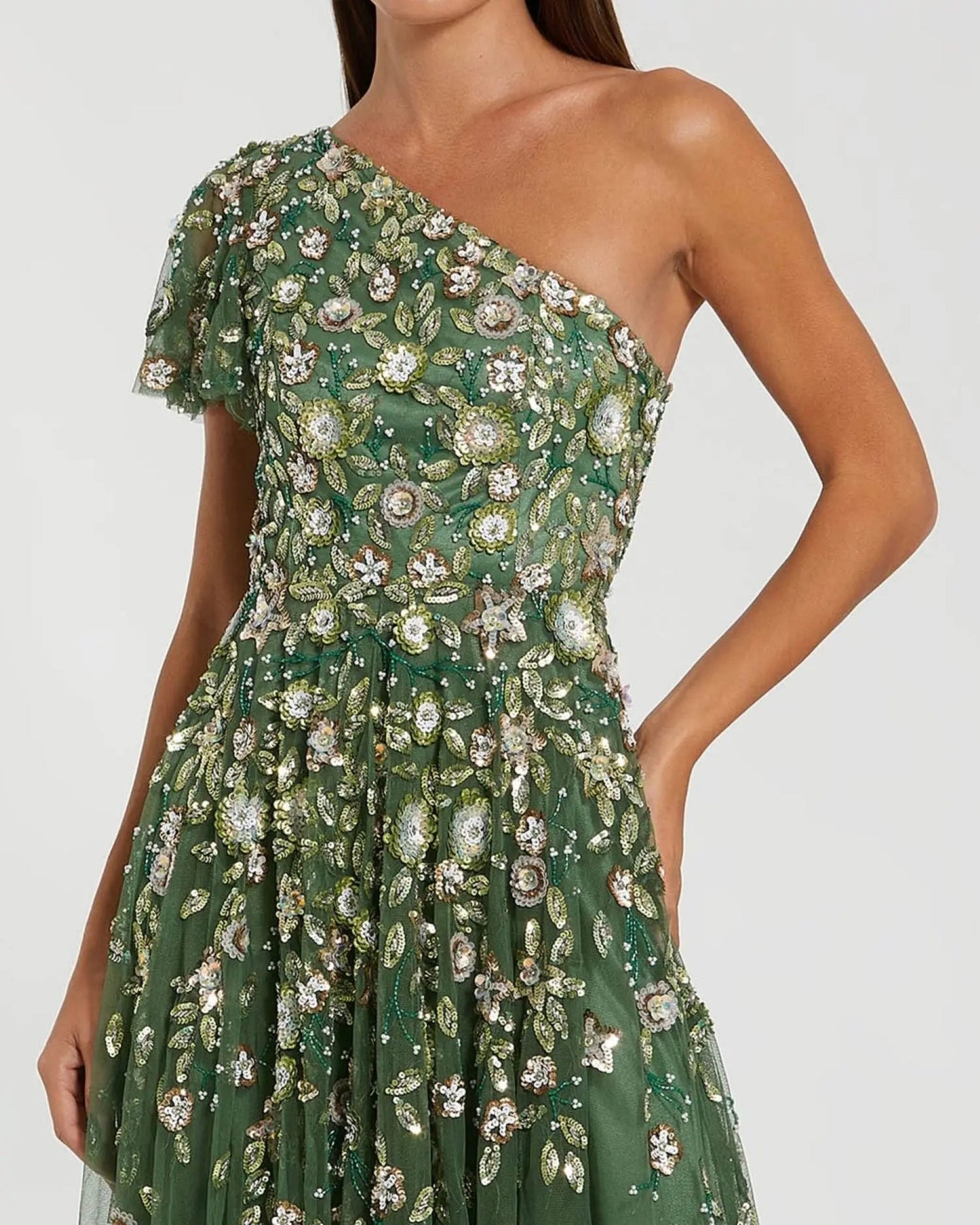 Green One Shoulder Embellished A Line Gown