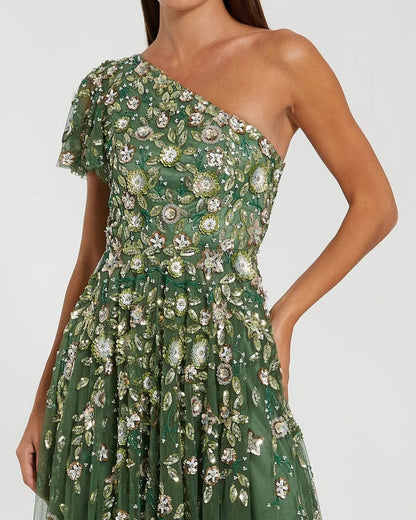 Green One Shoulder Embellished A Line Gown