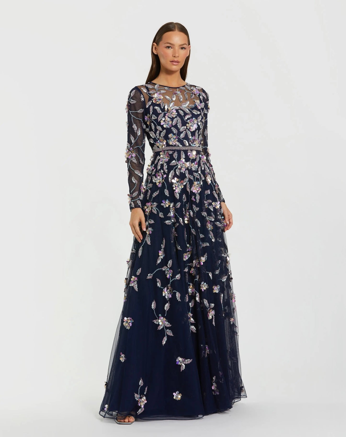 Navy Floral Embellished Evening Gown