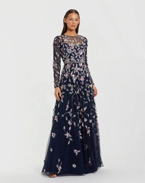 Navy Floral Embellished Evening Gown
