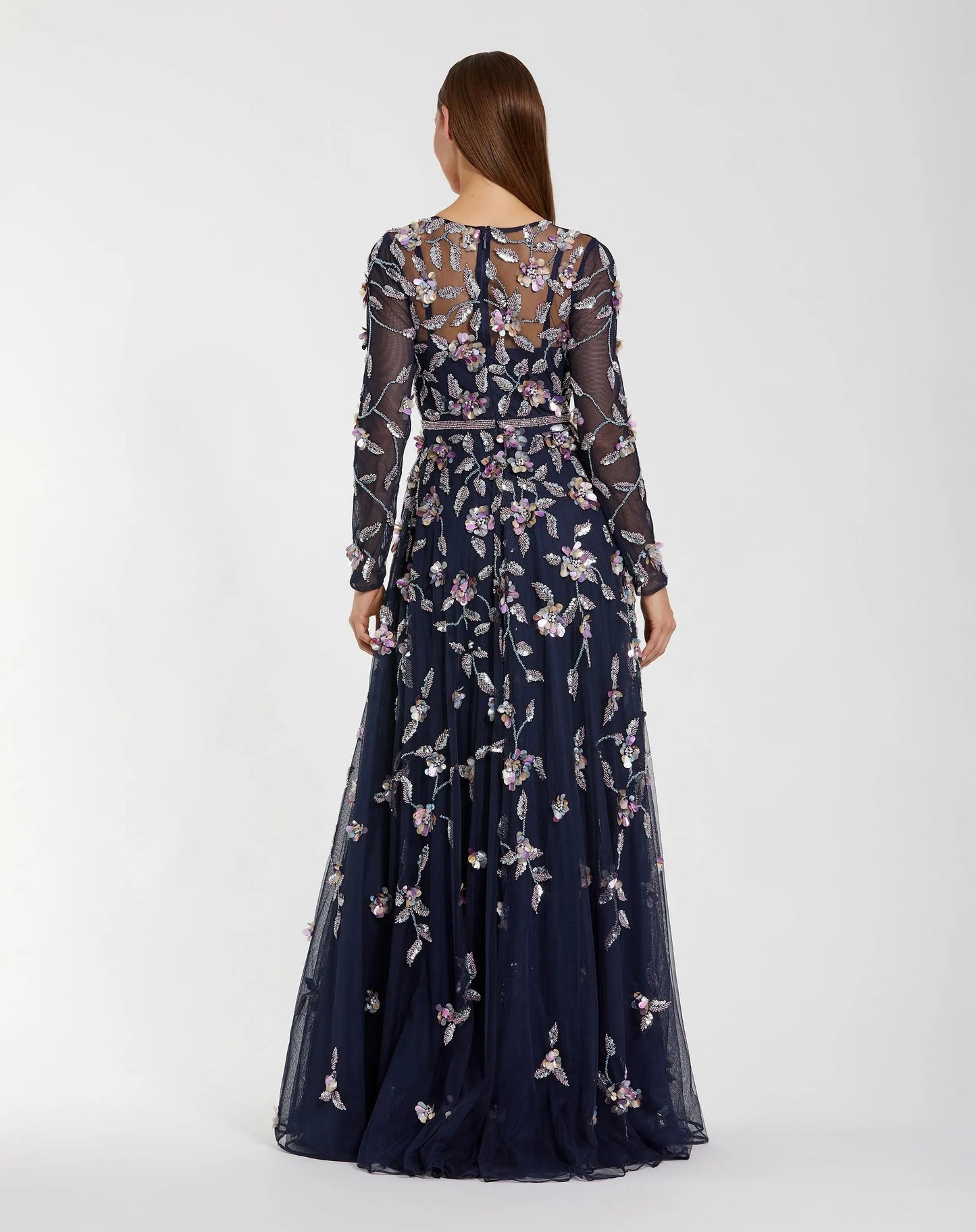 Navy Floral Embellished Evening Gown