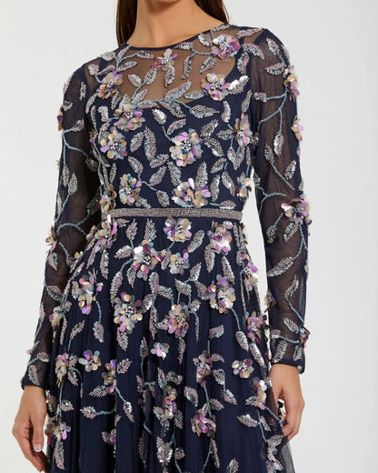 Navy Floral Embellished Evening Gown