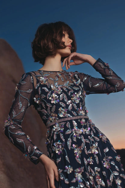 Navy Floral Embellished Evening Gown