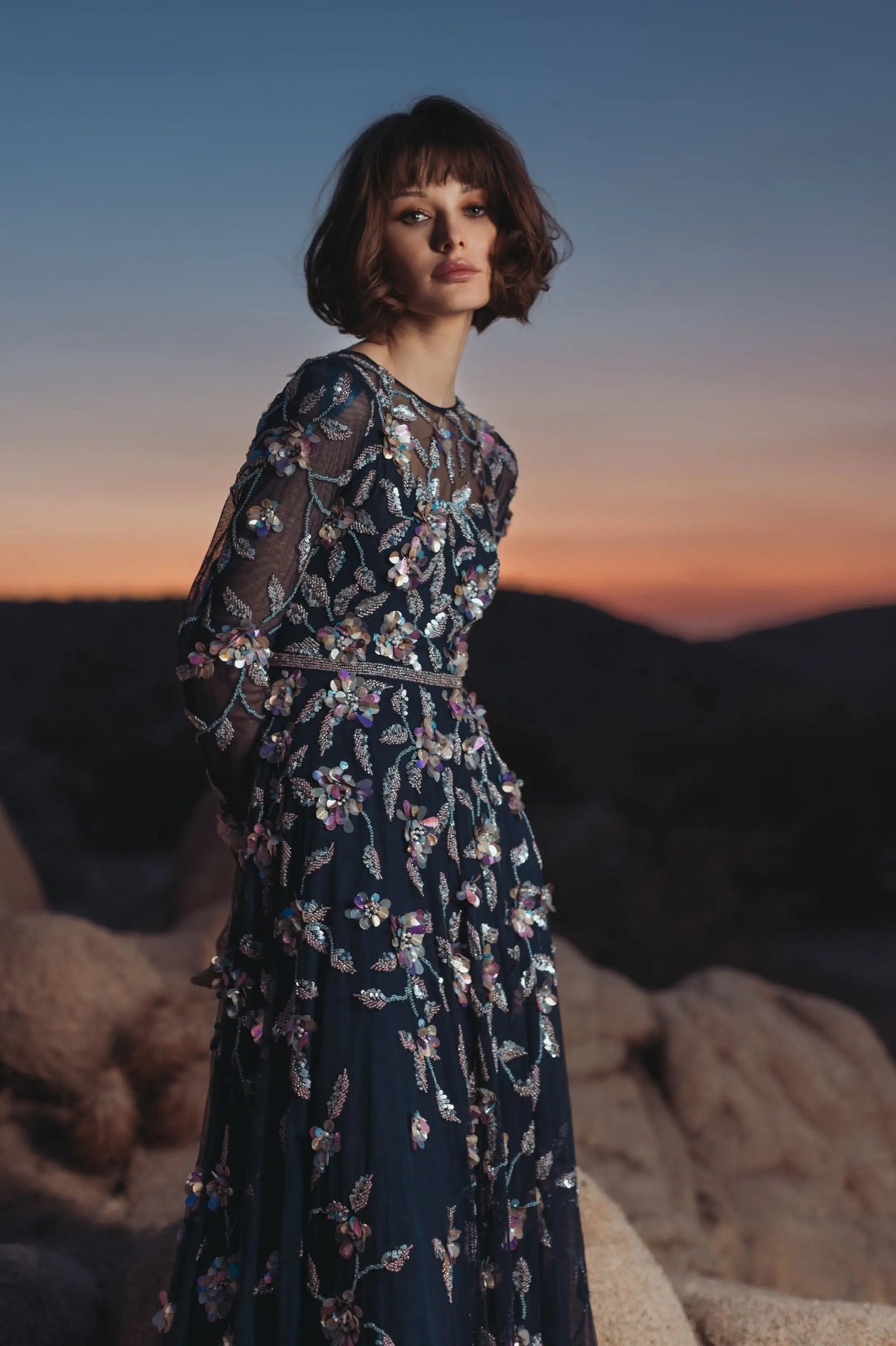 Navy Floral Embellished Evening Gown