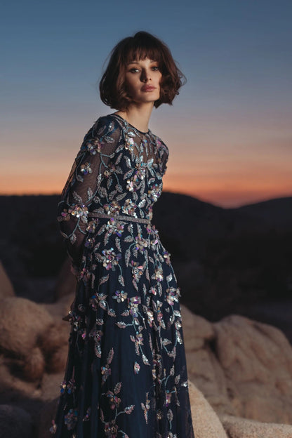 Navy Floral Embellished Evening Gown