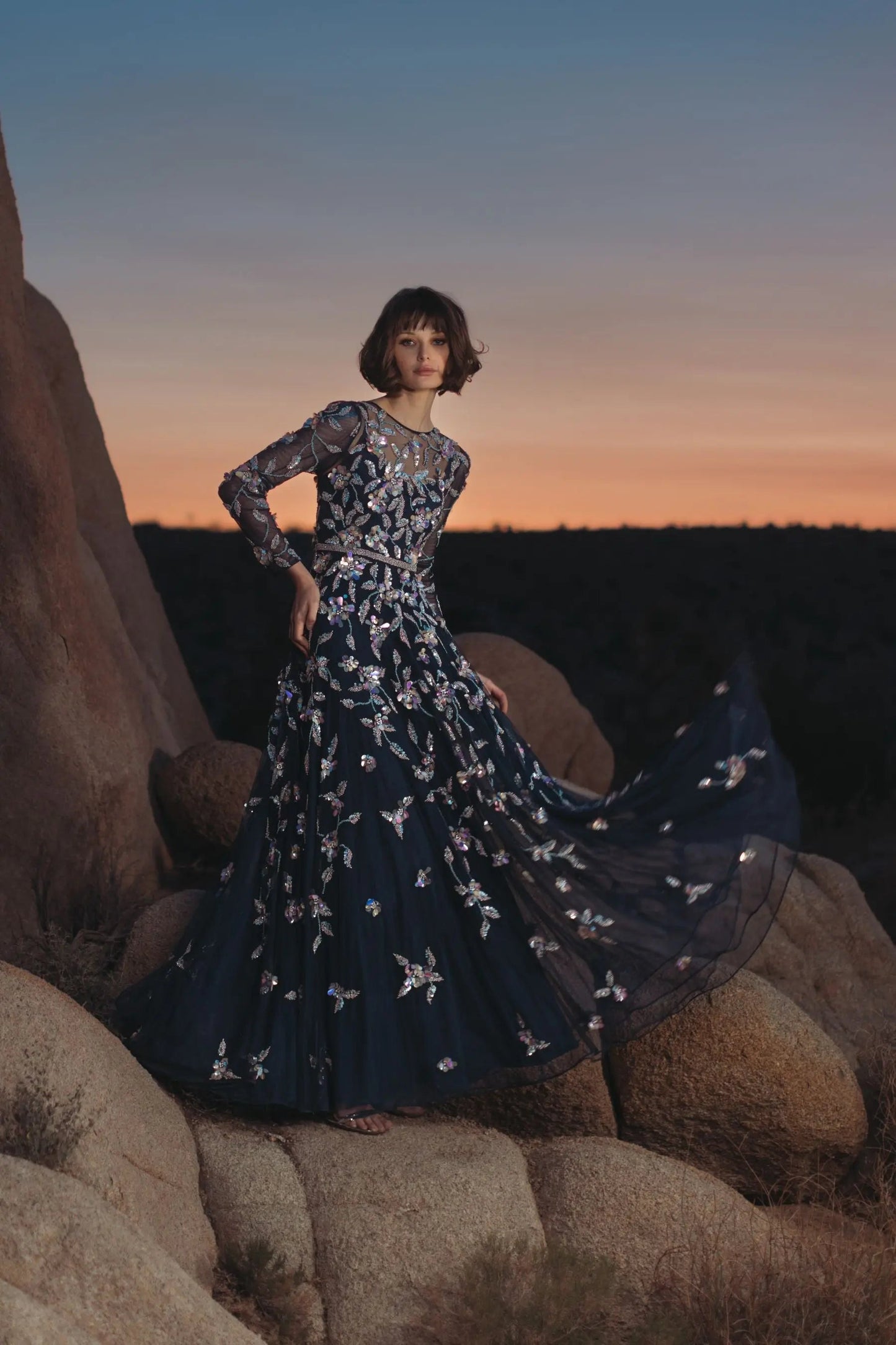 Navy Floral Embellished Evening Gown