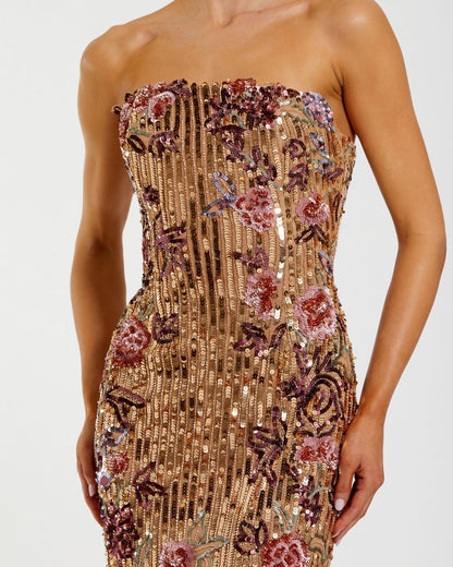 Gold Floral Embellished Strapless Column Dress