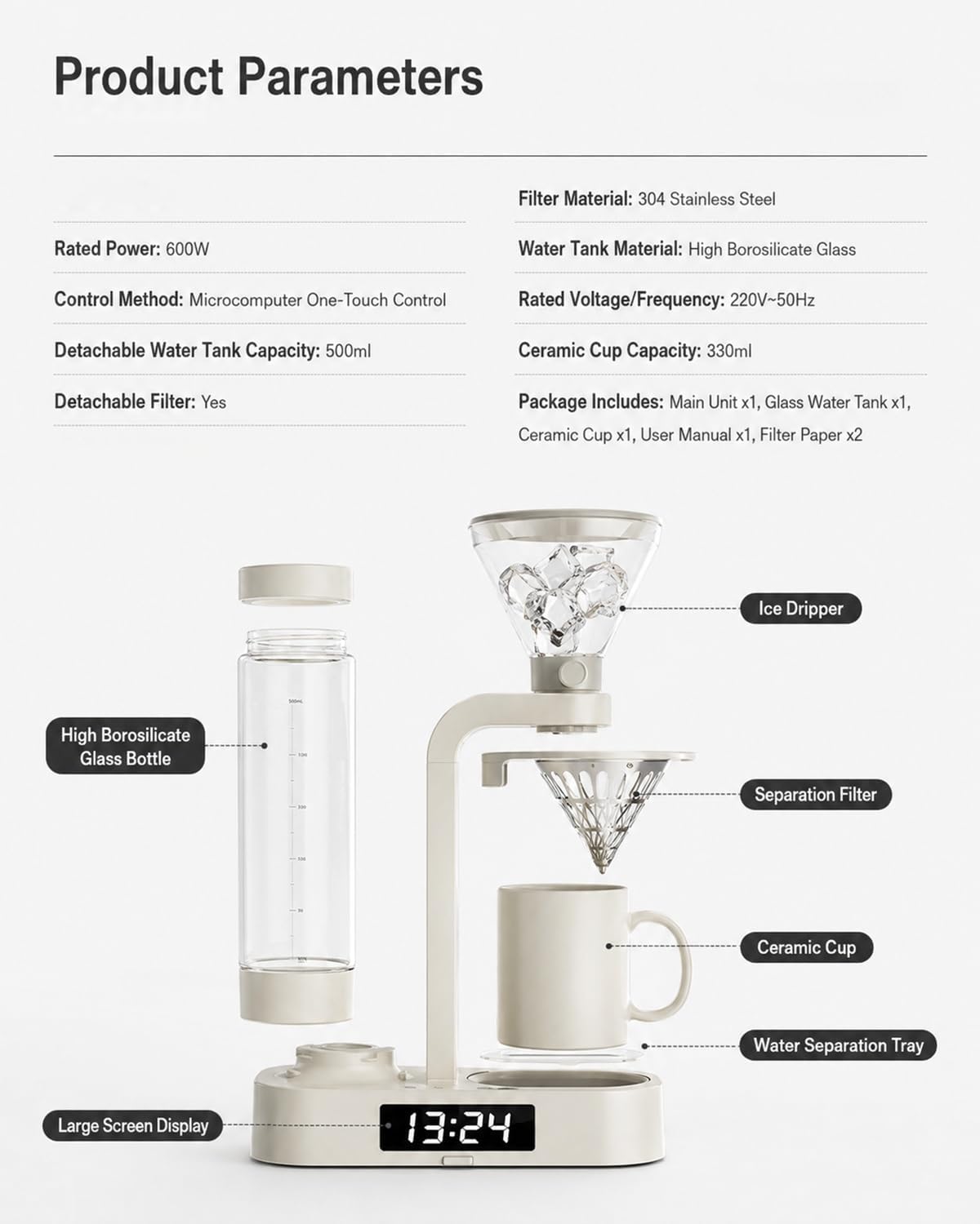 💥Factory Direct Sale💥Coffee Alarm Clock Maker Bedside Dual Mode Extractor 500ml Glass Water Tank