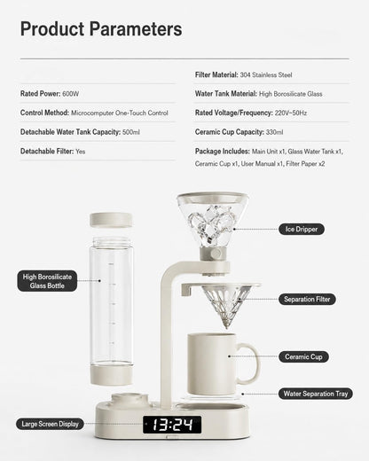 💥Factory Direct Sale💥Coffee Alarm Clock Maker Bedside Dual Mode Extractor 500ml Glass Water Tank