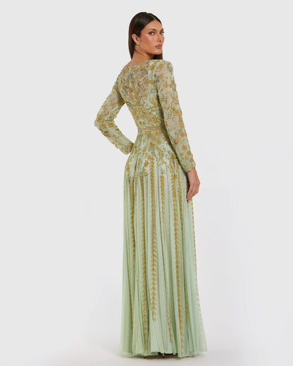 Green Beaded Long Sleeve Scoop Neck A Line Gown