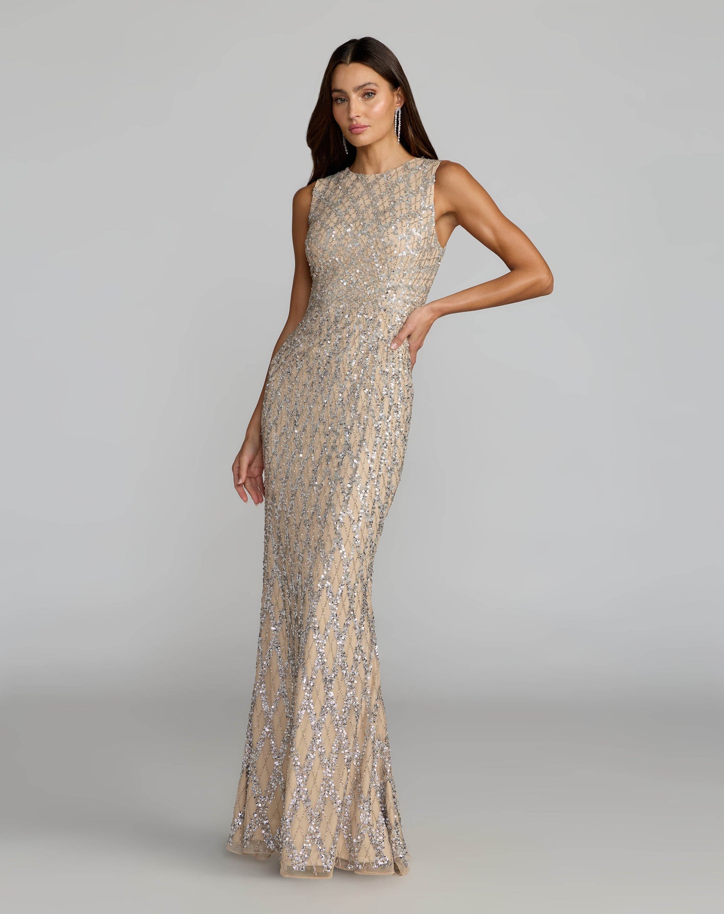 Nude Sleeveless Beaded Column Gown