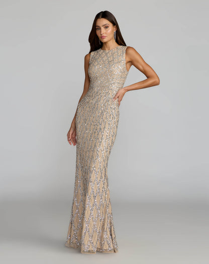 Nude Sleeveless Beaded Column Gown