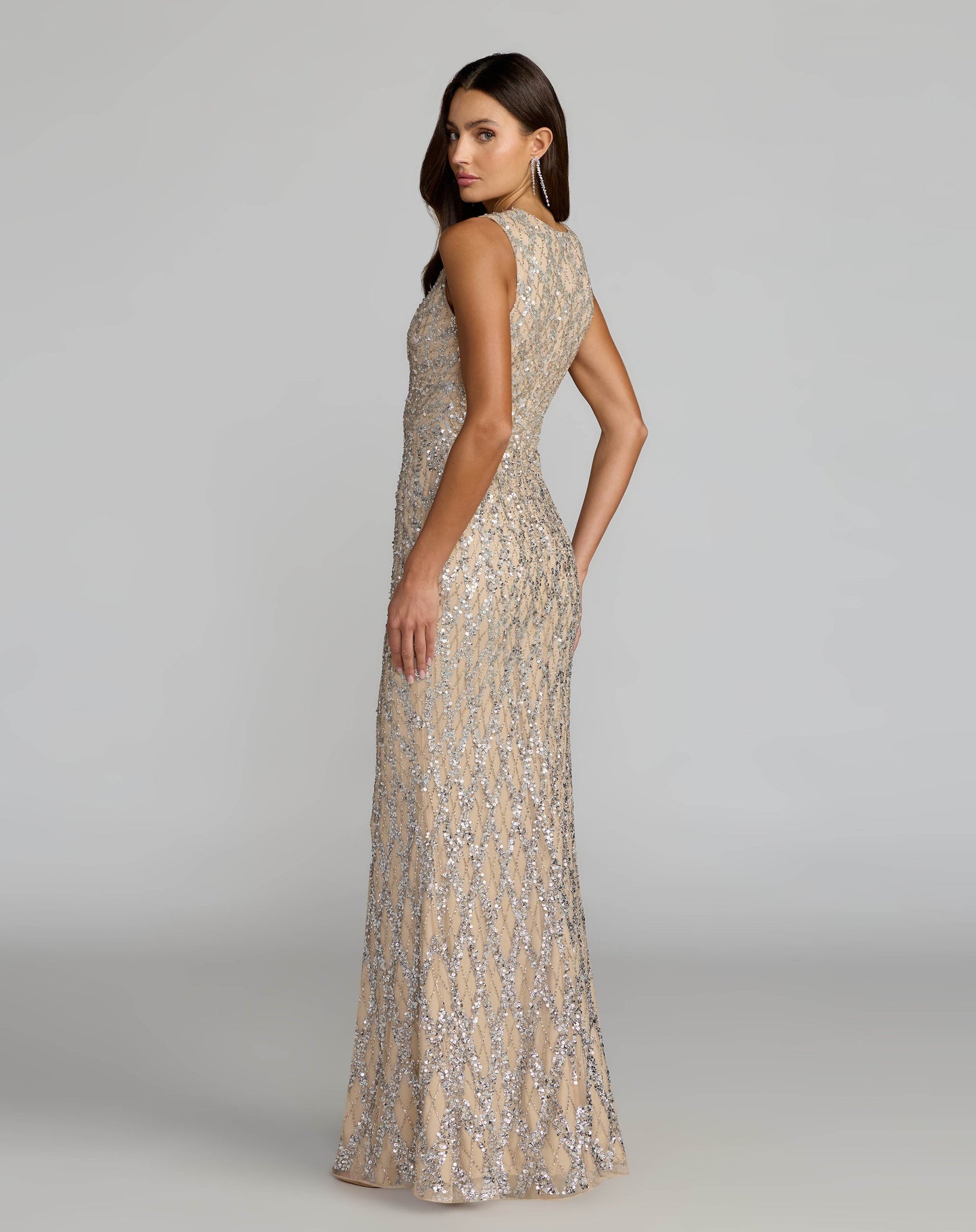Nude Sleeveless Beaded Column Gown