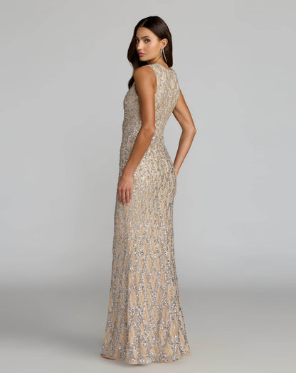 Nude Sleeveless Beaded Column Gown