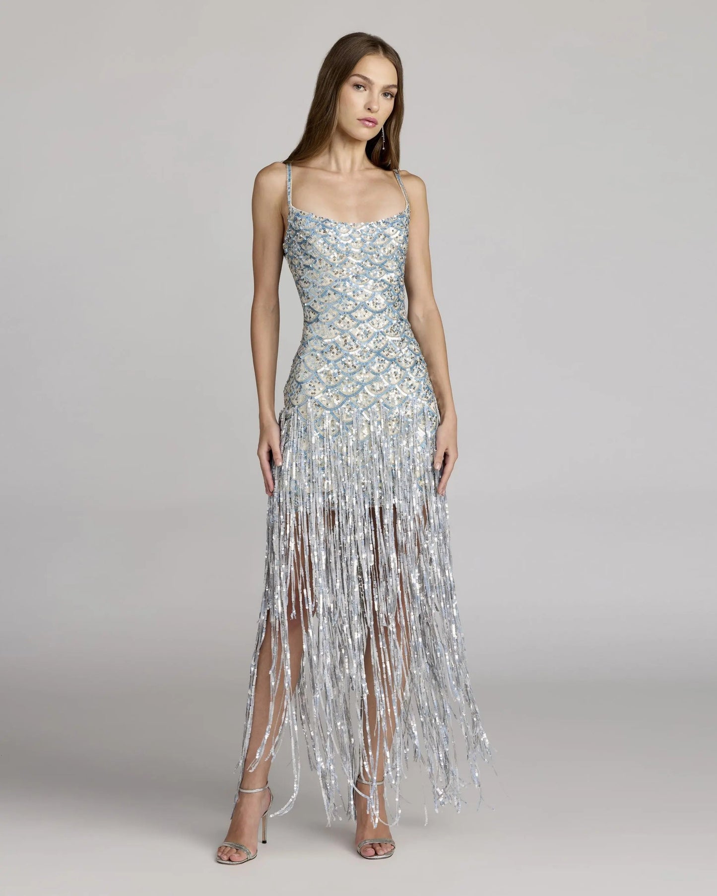 Blue Silver Sequin Fringe Midi Dress