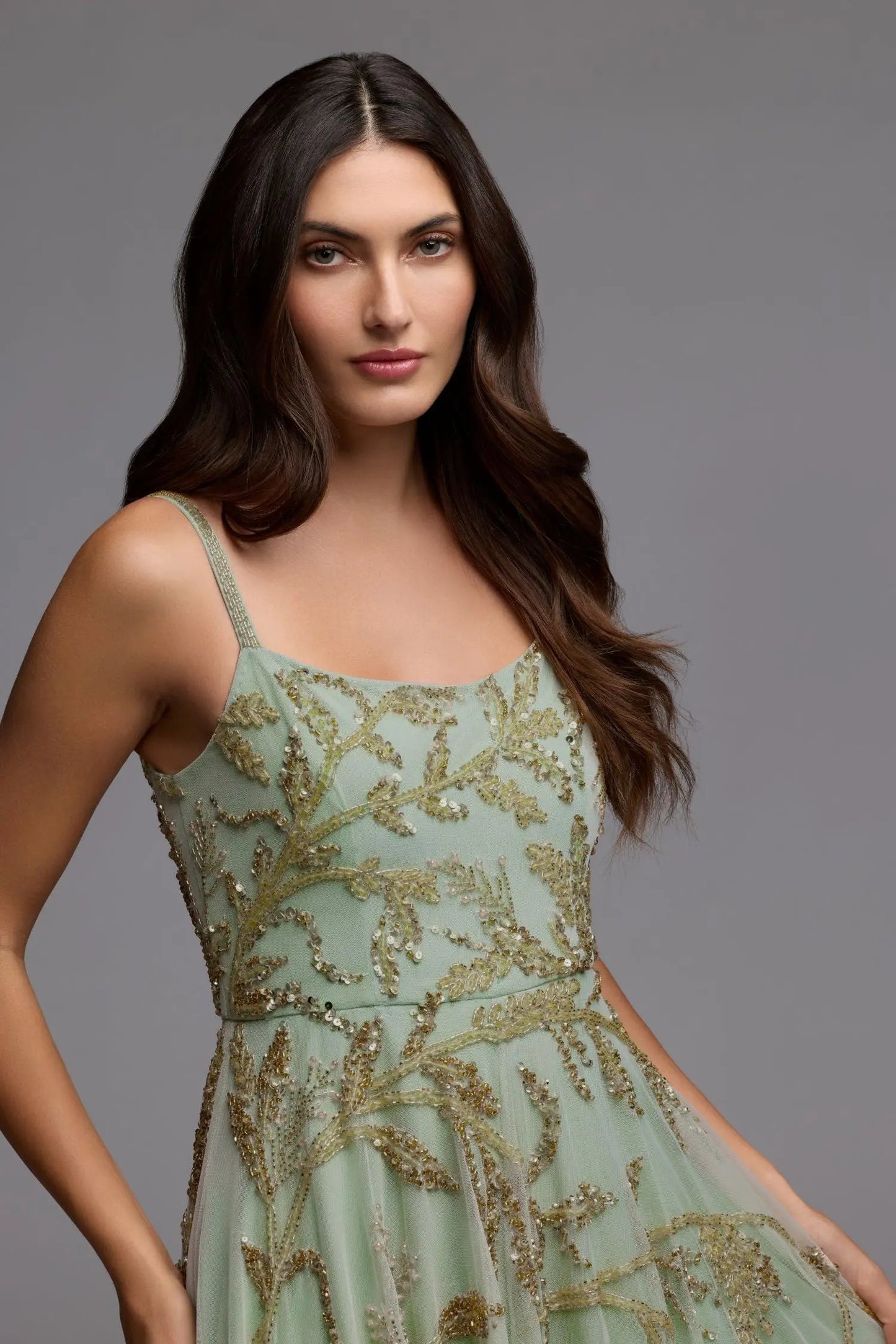 Green Floral Hand Beaded Midi Dress