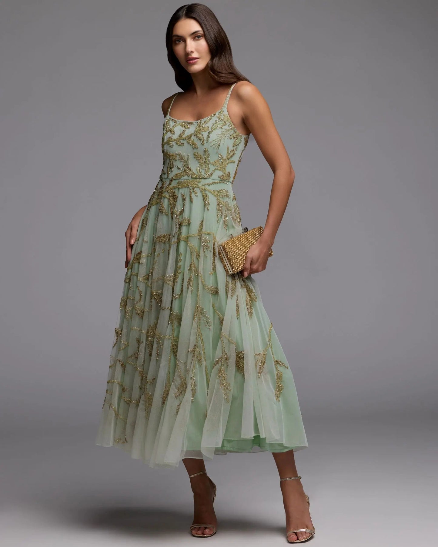 Green Floral Hand Beaded Midi Dress