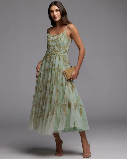 Green Floral Hand Beaded Midi Dress