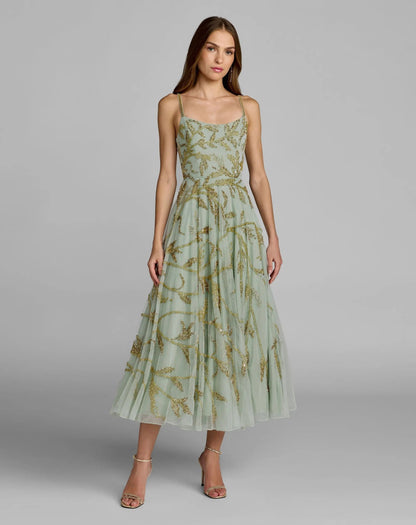 Green Floral Hand Beaded Midi Dress