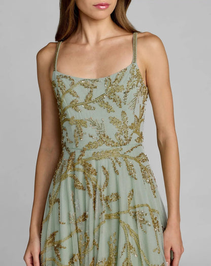 Green Floral Hand Beaded Midi Dress