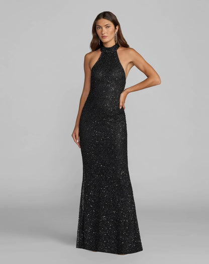 Black Embellished Halter Neck Open Back Column Gown