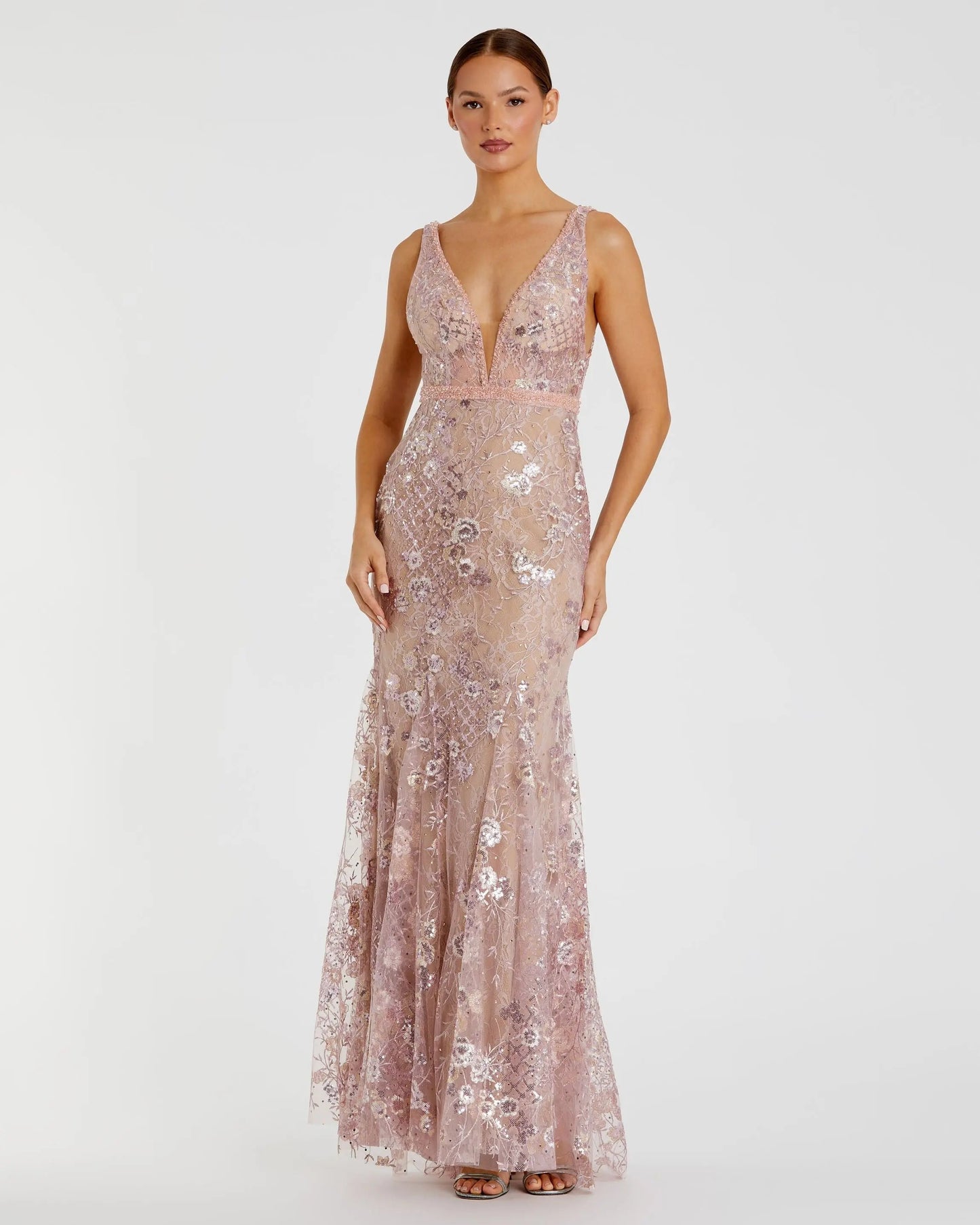 Floral Embellished Sleeveless Plunge Neck Gown