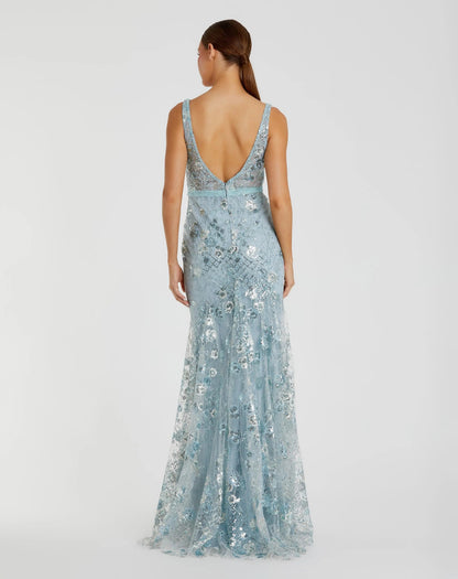 Blue Embellished Sleeveless Plunge Neck Gown