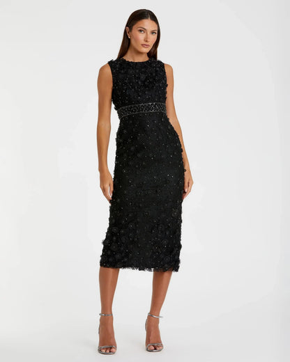 Black Floral Applique Sleeveless Midi Dress