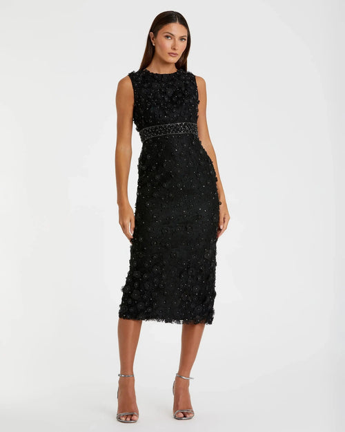 Black Floral Applique Sleeveless Midi Dress