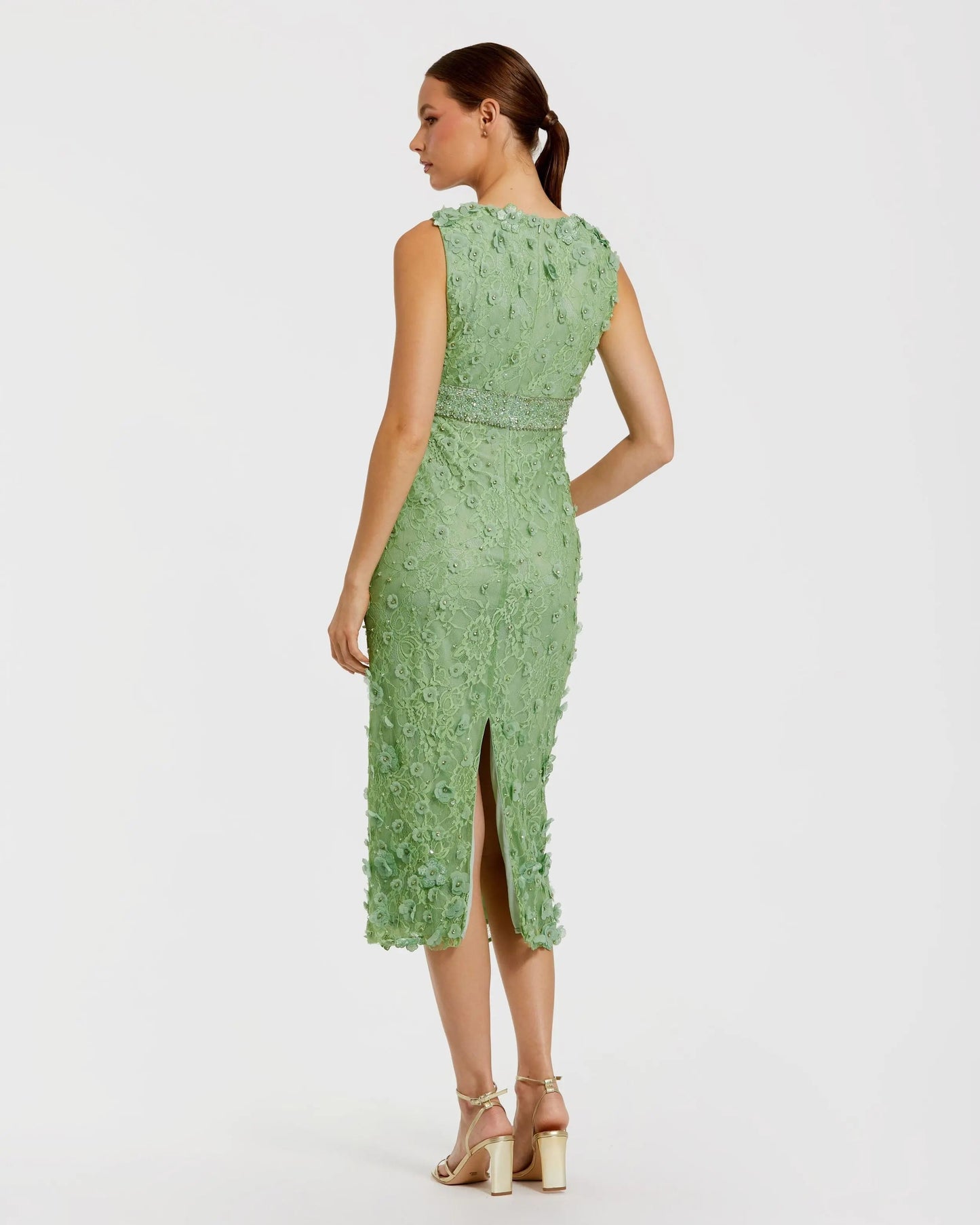 Green Floral Applique Sleeveless Midi Dress