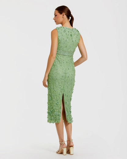 Green Floral Applique Sleeveless Midi Dress
