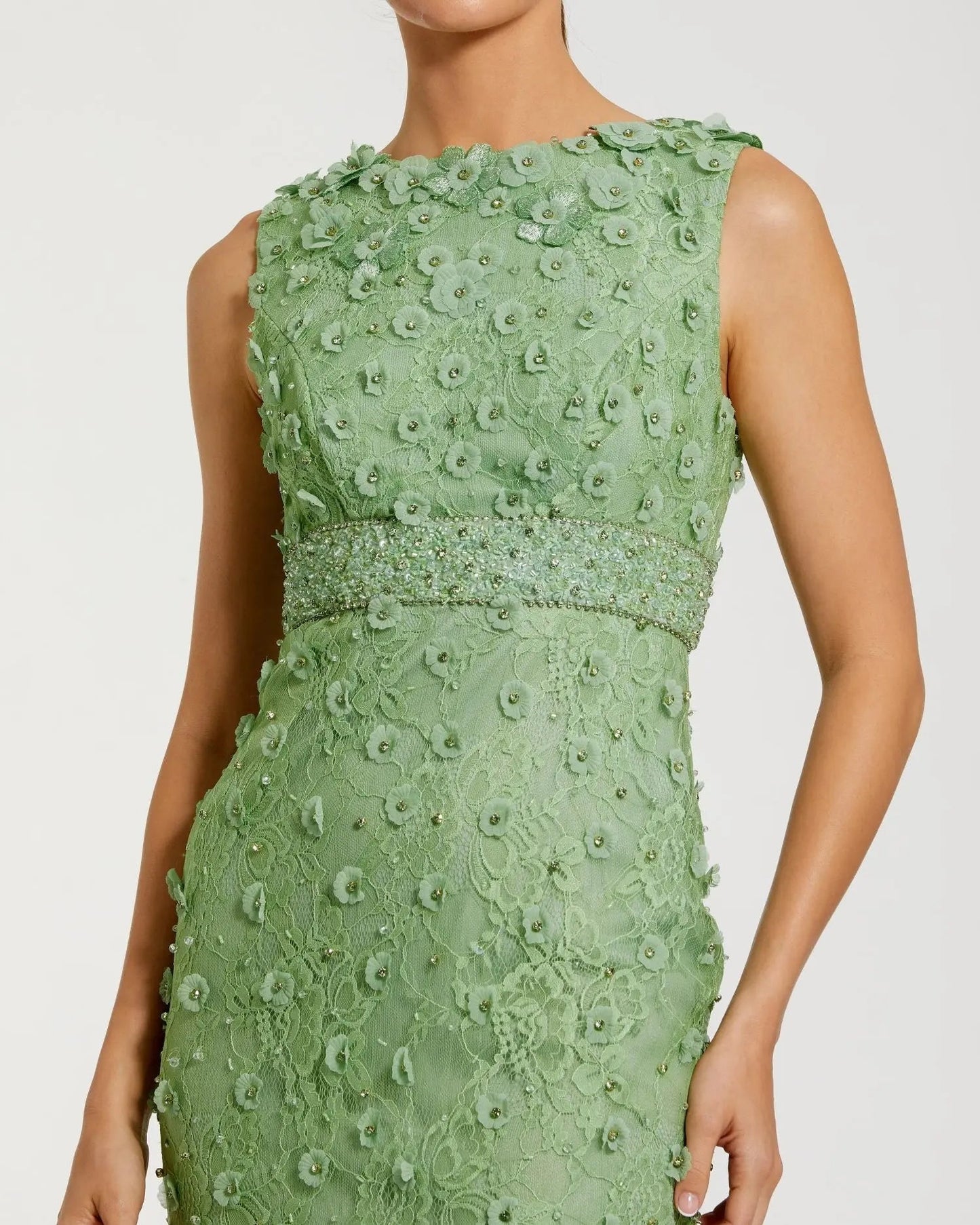 Green Floral Applique Sleeveless Midi Dress