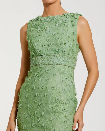 Green Floral Applique Sleeveless Midi Dress
