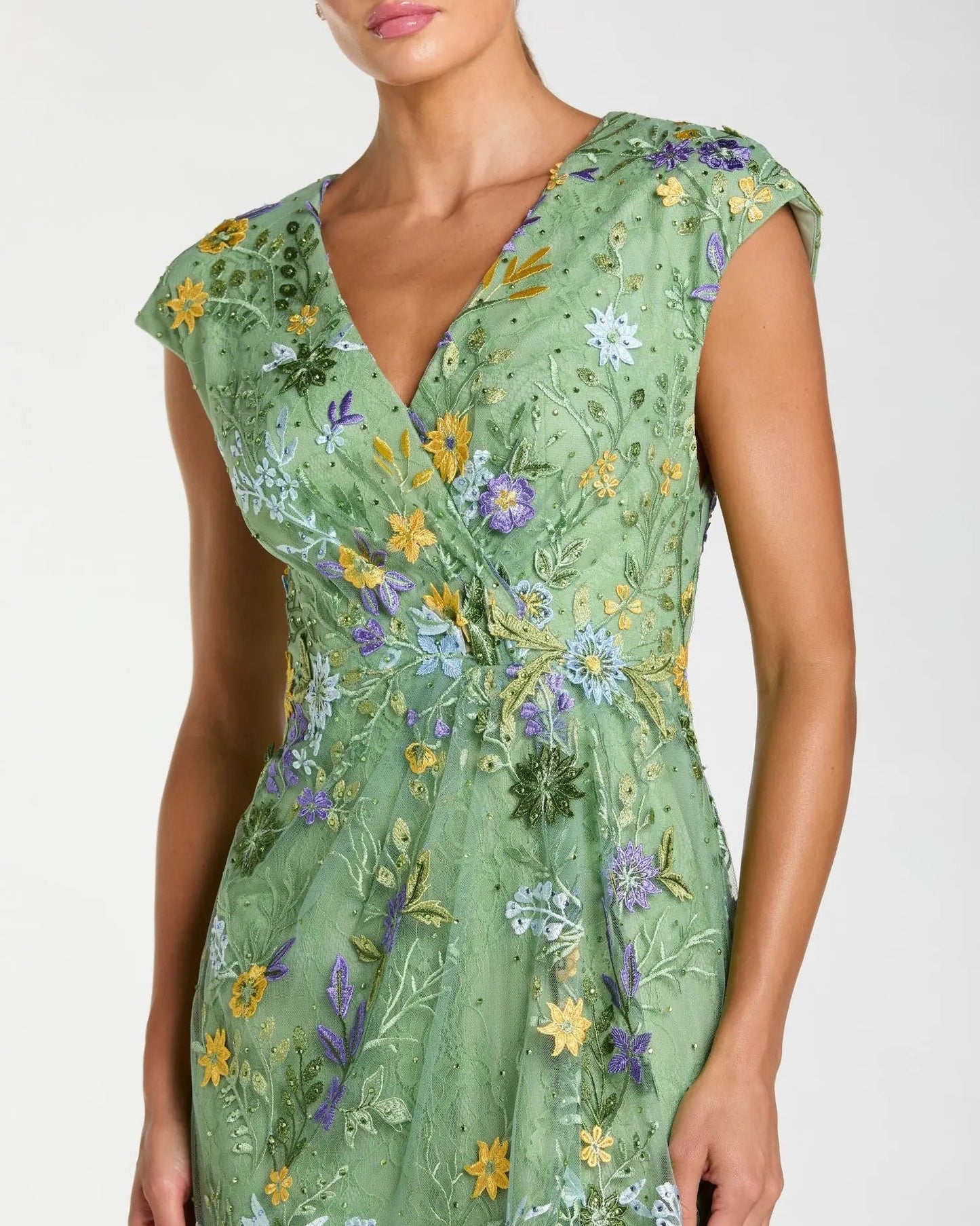 Green Faux Wrap Embroidered Cap Sleeve Gown