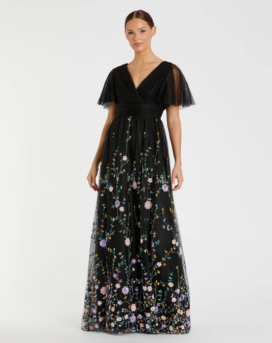 Black Embroidered Butterfly Sleeve Empire Waist Dress