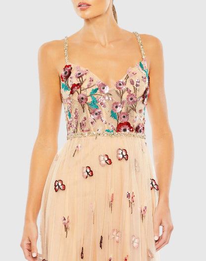 Beige Embellished Floral Detail A Line Gown