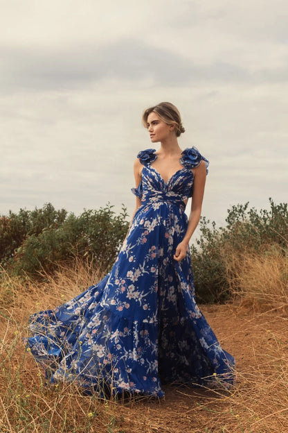 Blue Ruffle Tiered Floral Cut-Out Chiffon Gown